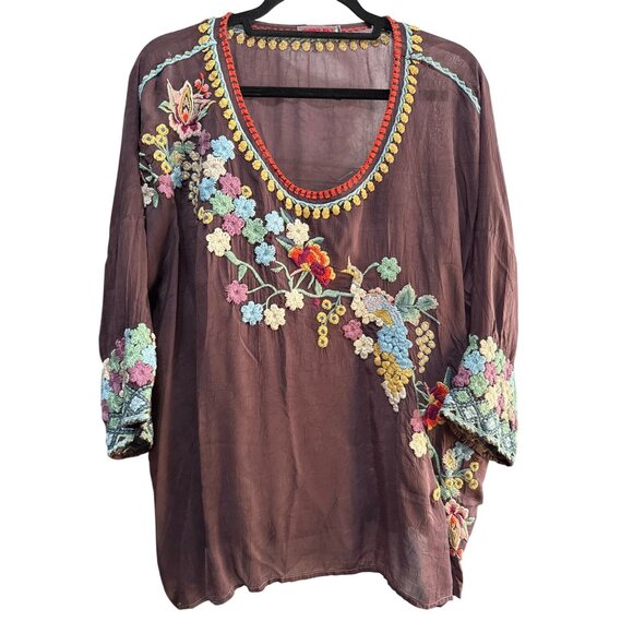Johnny Was Tops - Johnny Was Size XL RUNS LARGE Womens Embroidered Pattern Semi-sheer Top Peacock